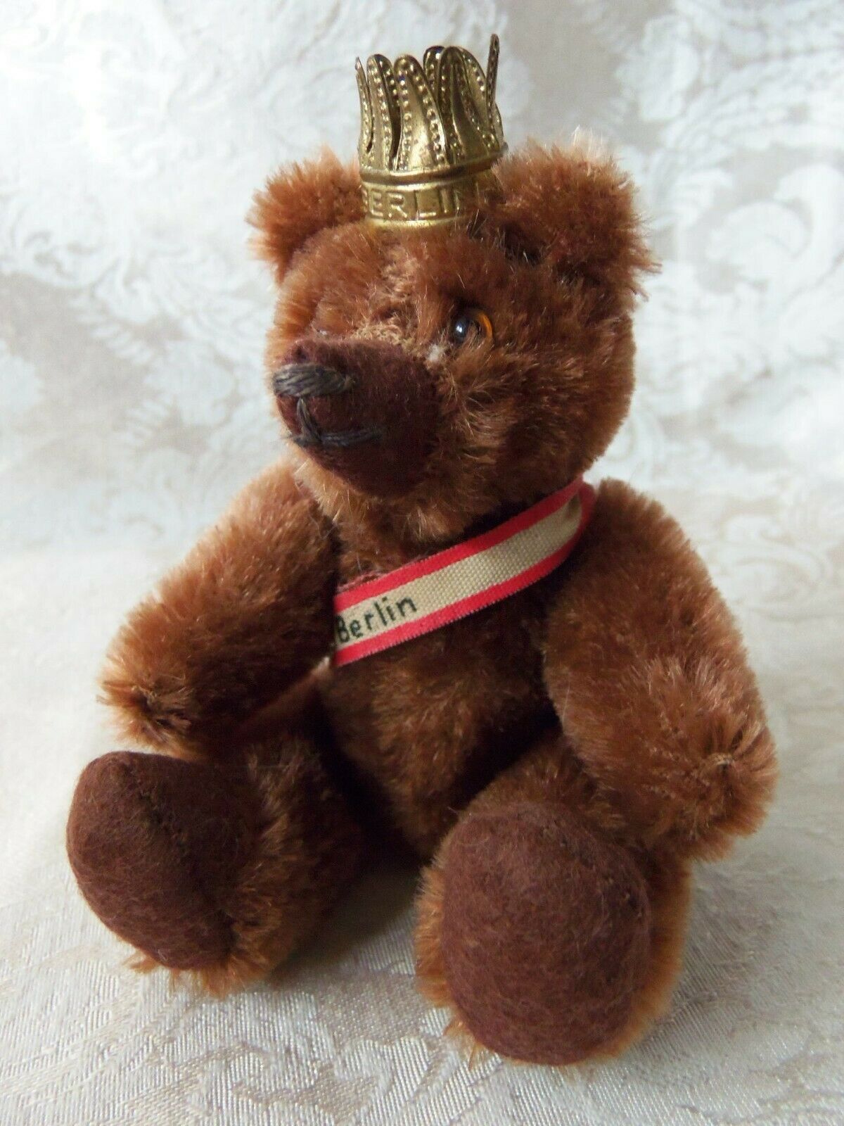 Vtg Schuco Berlin Miniature Brown Mohair Jointed Antique Teddy Bear With Crown