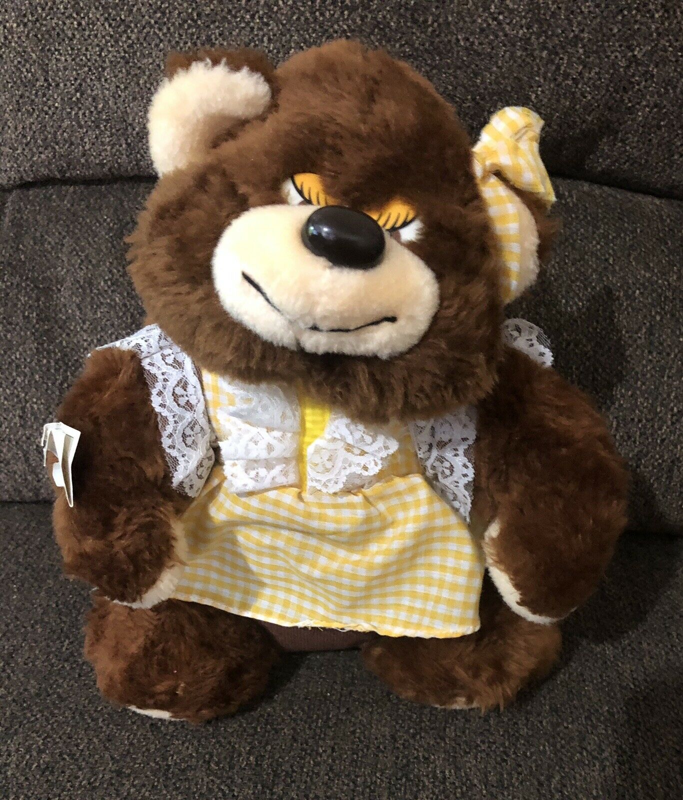 Vintage Brown Bear Plush Hug-me-home 12” W/dress & Christmas Hang Tag