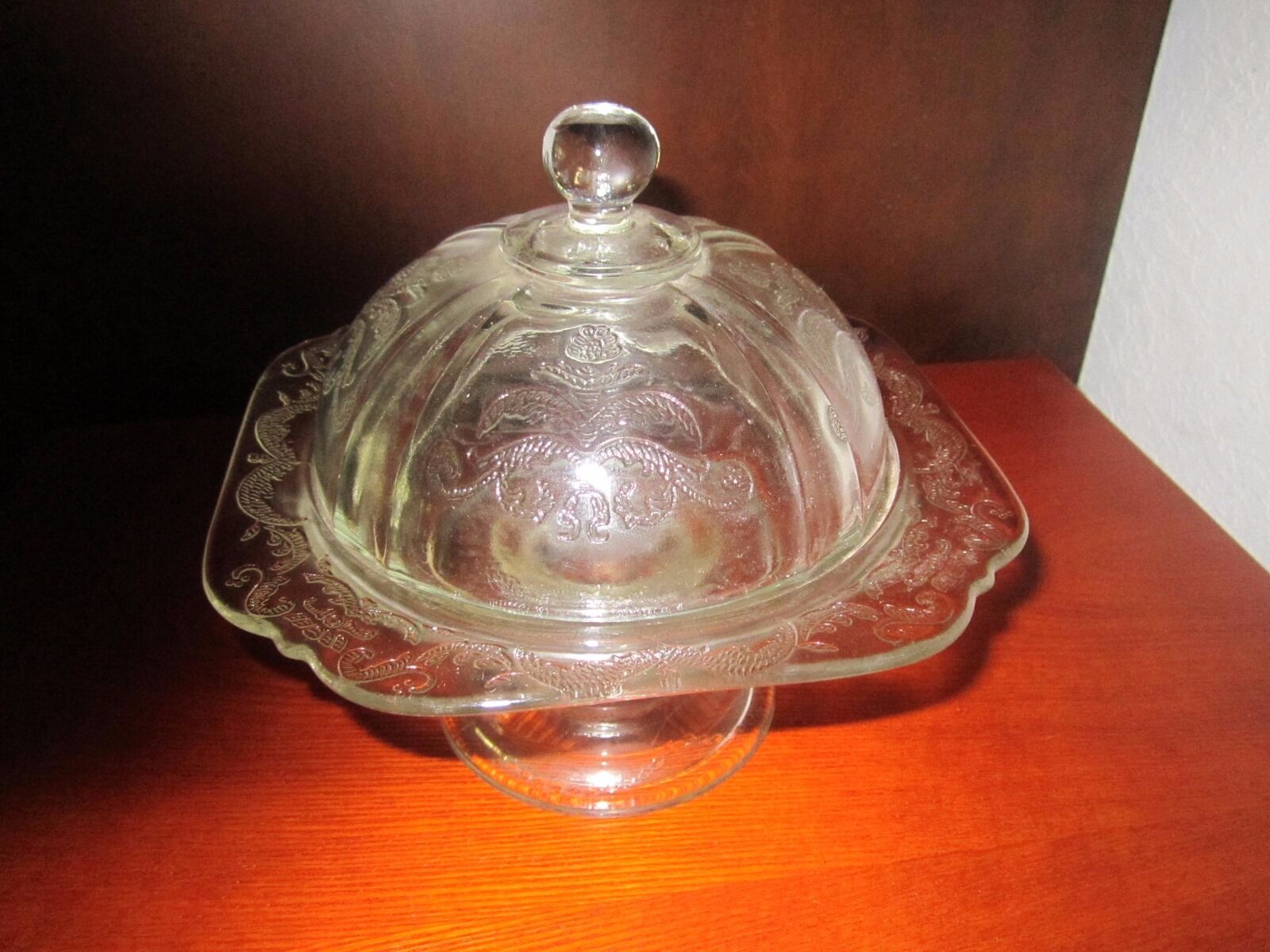 Vintage Federal Glass Madrid Pattern Pedestal Clear Butter/cheese Covered Dish