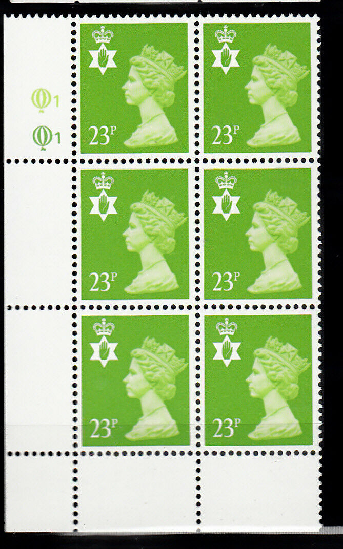 Northern Ireland - Questa - 23p Bright Green - Cyl Q1 X 6  Mnh