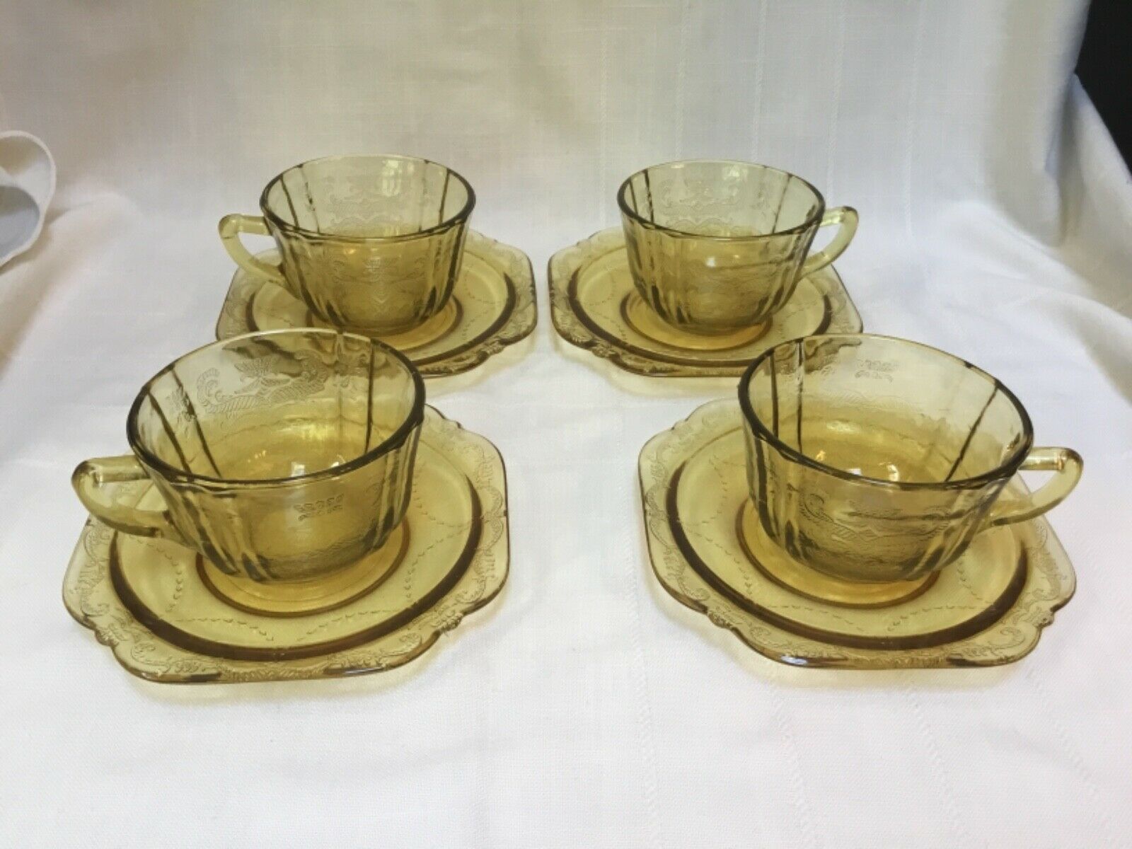 Federal Glass, Amber Recollection (4) Cup & Saucer “madrid Pattern”