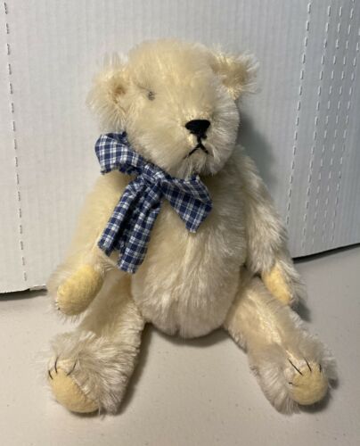 Vintage 12” Jointed White Bear With Blue & White Plaid Bow